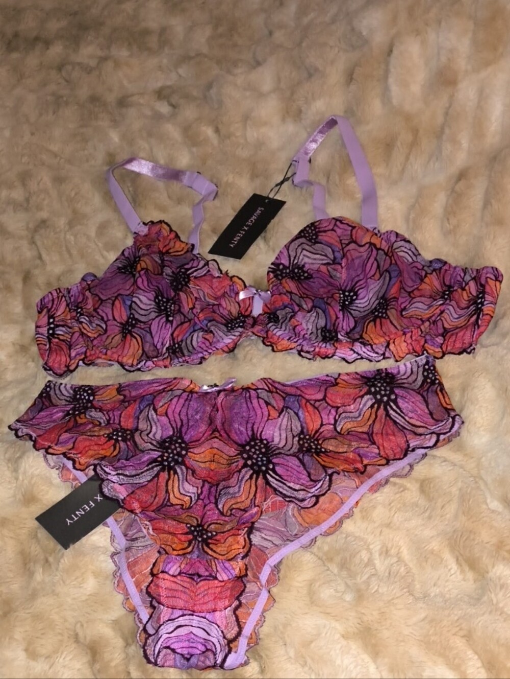 Savage X Fenty Mosaic Floral Lace Unlined Demi Bra and Cheeky Panty Set